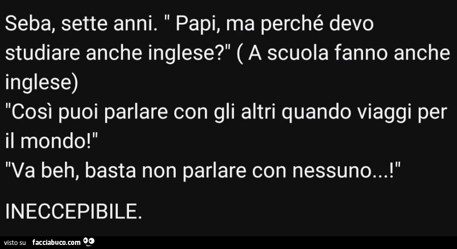 Seba, sette anni. Papi, ma perché devo studiare anche inglese? Così puoi parlare con gli altri quando viaggi per il mondo! Va beh, basta non parlare con nessuno! Ineccepibile