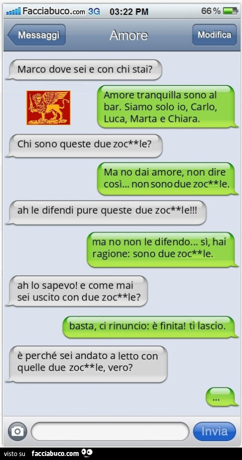 Marco dove sei e con chi stai? Amore tranquilla sono al bar. Siamo solo io, Carlo, Luca, Marta e Chiara. Chi sono queste due zoc**le? Ma no dai amore, non dire così… non sono due zoc**le. Ah le difendi pure queste due zoc**le! Ma no non le difendo