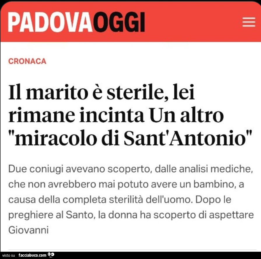 Il marito è sterile, lei rimane incinta. Un altro miracolo di sant'antonio