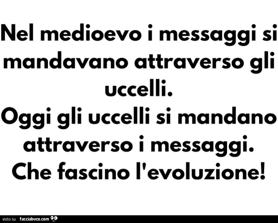 Nel medioevo i messaggi si mandavano attraverso gli uccelli. Oggi gli uccelli si mandano attraverso i messaggi. Che fascino l'evoluzione