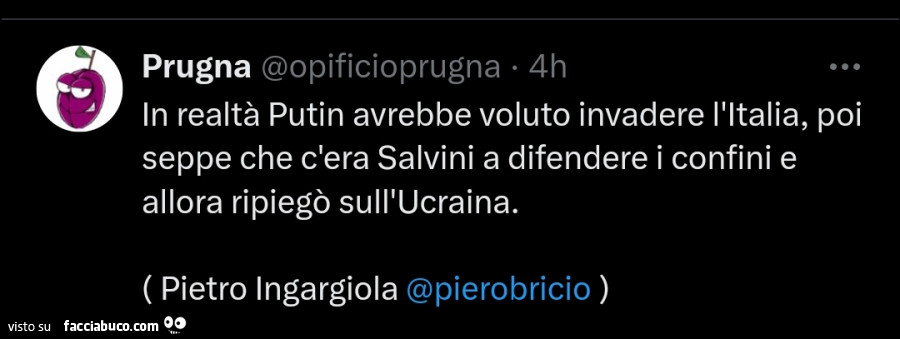 In realtà putin avrebbe voluto invadere l'italia, poi seppe che c'era salvini a difendere i confini e allora ripiegò sull'ucraina