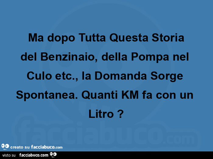 Ma dopo tutta questa storia del benzinaio, della pompa nel culo etc. , La domanda sorge spontanea. Quanti km fa con un litro?