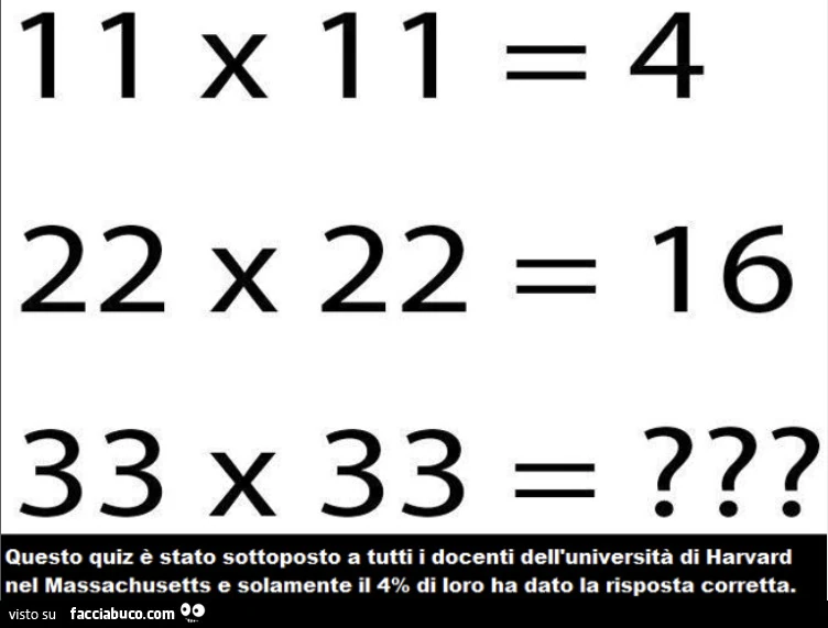 Questo quiz è stato sottoposto a tutti i docenti dell'università di harvard nel massachusetts e solamente il 4% di loro ha dato la risposta corretta