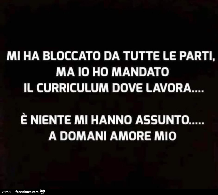 Mi ha bloccato da tutte le parti, ma io ho mandato il curriculum dove lavora. È Niente mi hanno assunto a domani amore mio