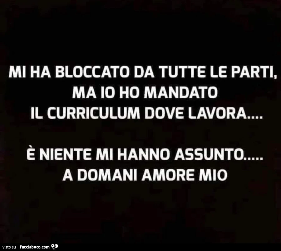 Mi ha bloccato da tutte le parti, ma io ho mandato il curriculum dove lavora. È Niente mi hanno assunto a domani amore mio