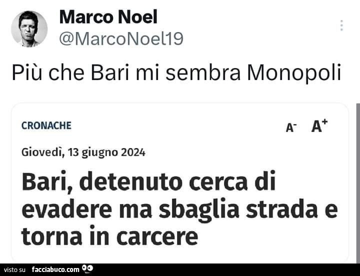 Più che bari mi sembra monopoli. Bari, detenuto cerca di evadere ma sbaglia strada e torna in carcere