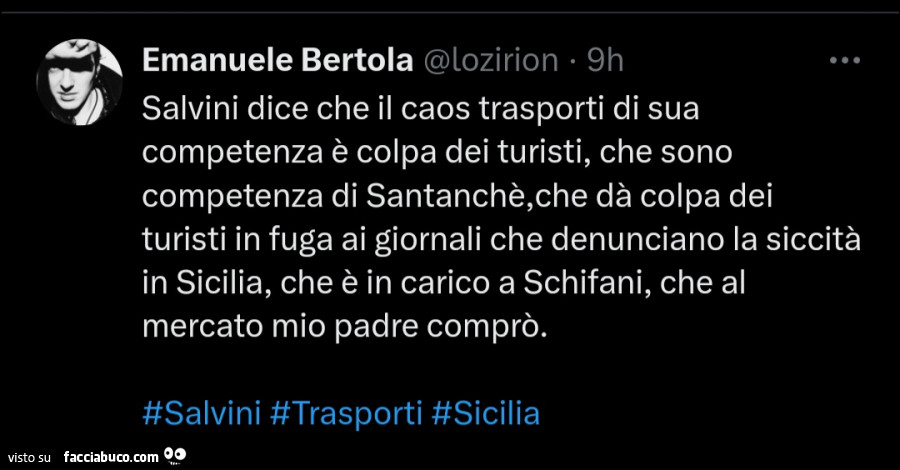 Salvini dice che il caos trasporti di sua competenza è colpa dei turisti, che sono competenza di santanchè, che dà colpa dei turisti in fuga ai giornali che denunciano la siccità in sicilia