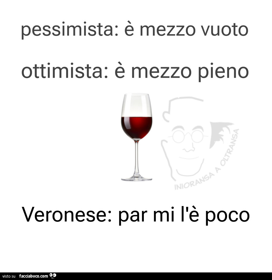 Pessimista: è mezzo vuoto. Ottimista: è mezzo pieno. Veronese: par mi l'è poco