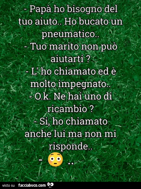 Papà ho bisogno del tuo aiuto. Ho bucato un pneumatico. Tuo marito non può aiutarti? L'ho chiamato ed è molto impegnato