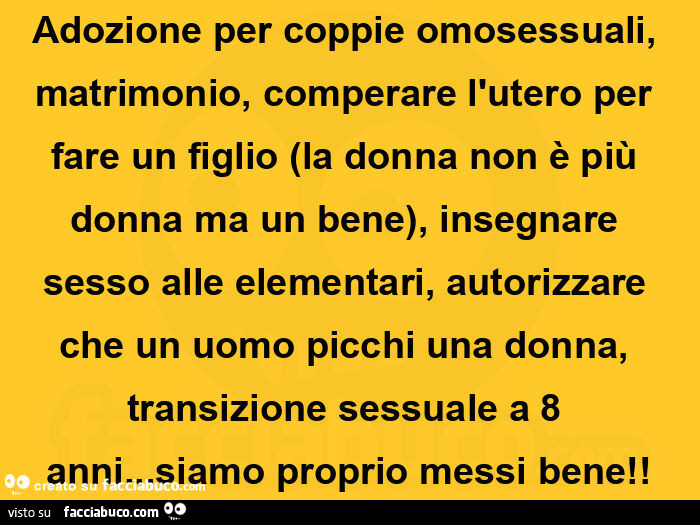 Adozione per coppie omosessuali, matrimonio, comperare l'utero per fare un figlio la donna non è più donna ma un bene, insegnare sesso alle elementari, autorizzare che un uomo picchi una donna