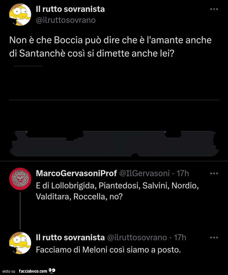 Non è che Boccia può dire che è l'amante anche di Santanchè così si dimette anche lei? E di lollobrigida, piantedosi, salvini, nordio, valditara, roccella, no? Facciamo di meloni così siamo a posto