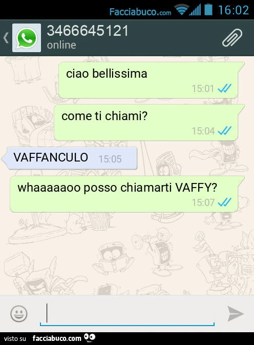 Ciao bellissima. Come ti chiami? VAFFANCULO. Whaaaaaoo posso chiamarti VAFFY?