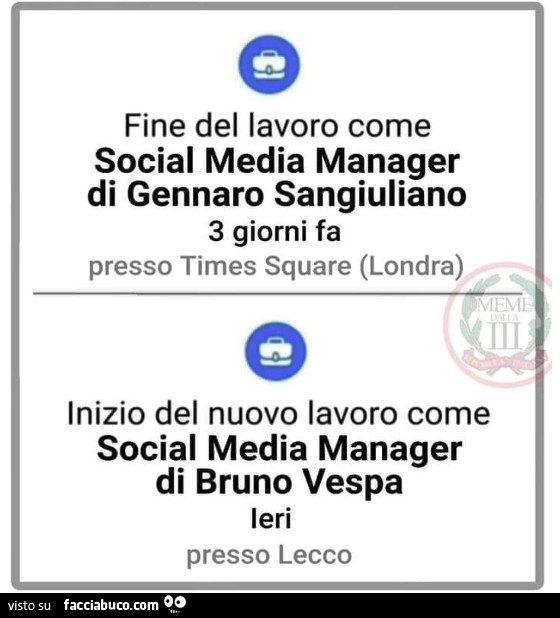 Fine del lavoro come social media manager di gennaro sangiuliano. Inizio del nuovo lavoro come social media manager di bruno vespa