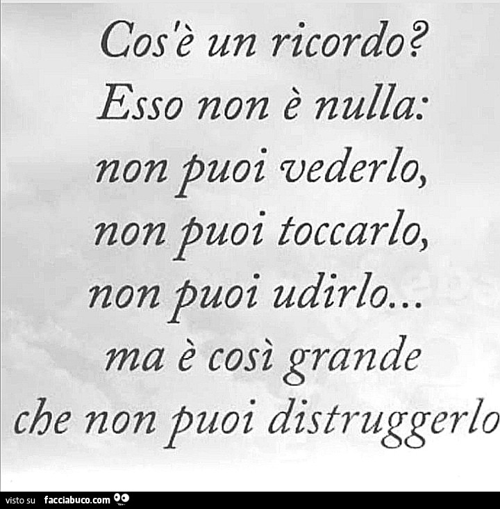 Cos'è un ricordo? Esso non è nulla: non puoi vederlo, non puoi toccarlo, non puoi udirlo… ma è così grande che non puoi distruggerlo