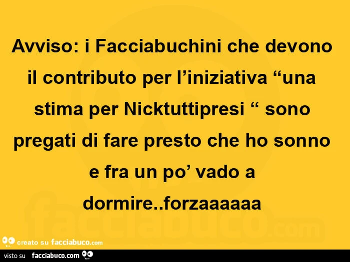 Avviso: i facciabuchini che devono il contributo per l'iniziativa una stima per nicktuttipresi sono pregati di fare presto che ho sonno e fra un po' vado a dormire. Forzaaaaaa