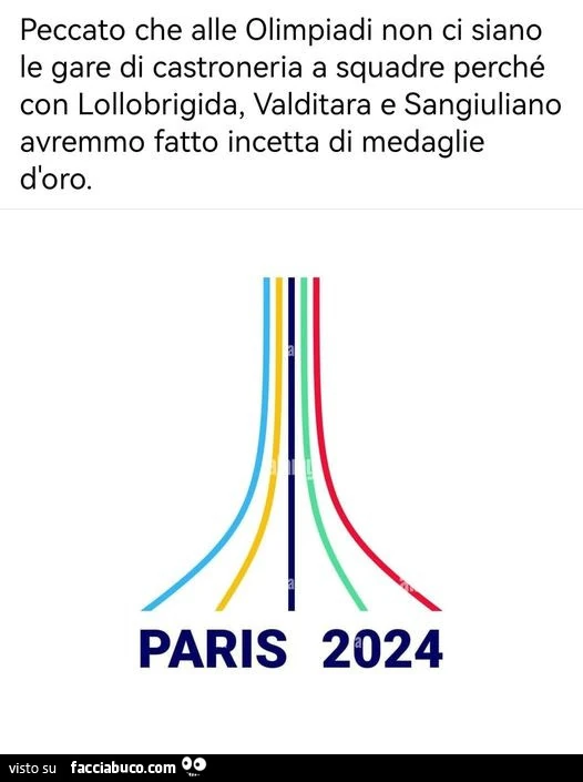 Peccato che alle olimpiadi non ci siano le gare di castroneria a squadre perché con lollobrigida, valditara e sangiuliano avremmo fatto incetta di medaglie d'oro. Paris 2024
