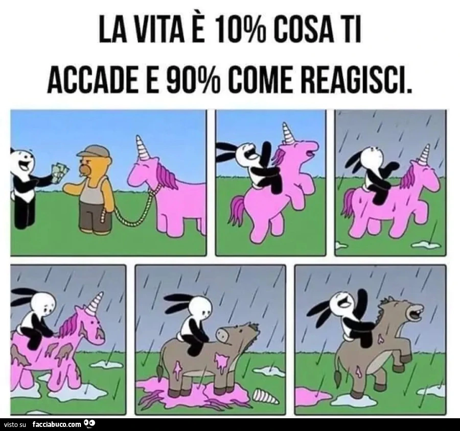La vita è 10% cosa ti accade 90% come reagisci vignetta unicorno pioggia asino