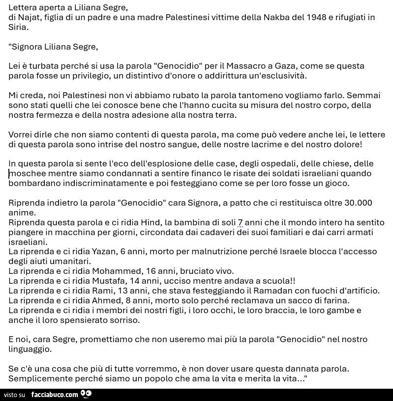 Lettera aperta a liliana segre, di najat, figlia di un padre e una madre palestinesi vittime della nakba del 1948 e rifugiati in siria