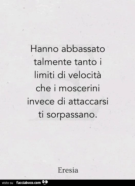 Hanno abbassato talmente tanto i limiti di velocitร che i moscerini invece di attaccarsi ti sorpassano