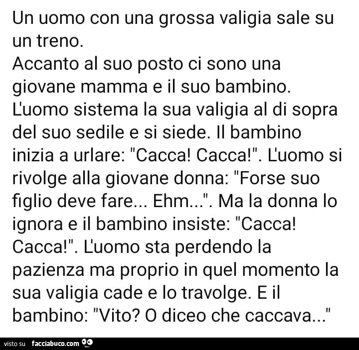 Un uomo con una grossa valigia sale su un treno. Accanto al suo posto ci sono una giovane mamma e il suo bambino