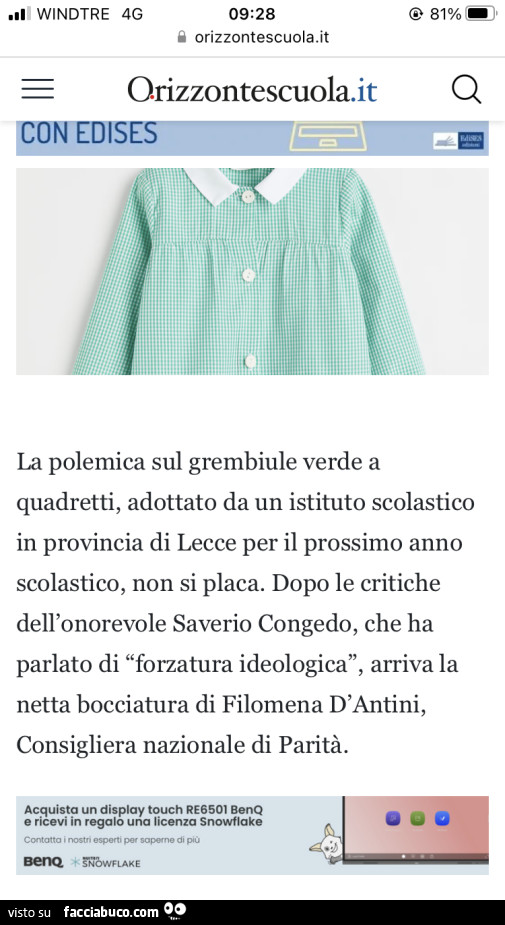 La polemica sul grembiule verde a quadretti, adottato da un istituto scolastico in provincia di lecce per il prossimo anno scolastico, non si placa