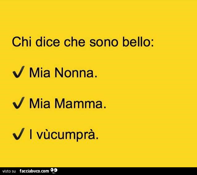 Chi dice che sono bello: mia nonna. Mia mamma. I vùcumprà