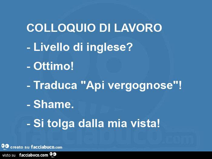 Colloquio di lavoro - livello di inglese?   - Ottimo!   - Traduca "api vergognose"!   - Shame.   - Si tolga dalla mia vista!  