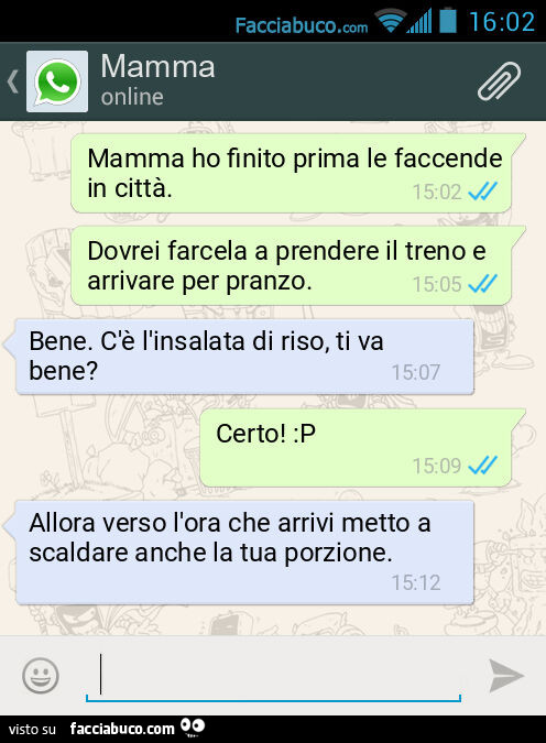 Mamma ho finito prima le faccende in città. Dovrei farcela a prendere il treno e arrivare per pranzo. Bene. C'è l'insalata di riso, ti va bene? Certo! : P. Allora verso l'ora che arrivi metto a scaldare anche la tua porzione