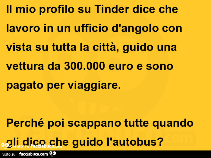 Il mio profilo su tinder dice che lavoro in un ufficio d'angolo con vista su tutta la città, guido una vettura da 300.000 euro e sono pagato per viaggiare. Perché poi scappano tutte quando gli dico che guido l'autobus?