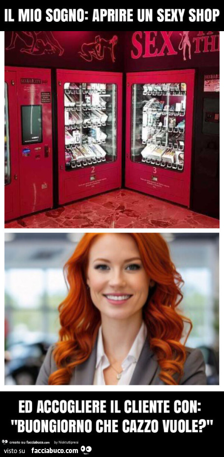 Il mio sogno: aprire un sexy shop ed accogliere il cliente con: "buongiorno che cazzo vuole? "
