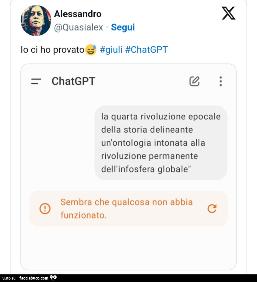 Chatgpt la quarta rivoluzione epocale della storia delineante un'ontologia intonata alla rivoluzione permanente dell'infosfera globale. Sembra che qualcosa non abbia funzionato