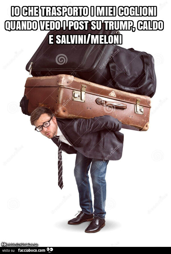 Io che trasporto i miei coglioni quando vedo i post su trump, caldo e salvini/meloni