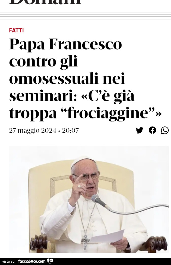 Papa francesco contro gli omosessuali nei seminari: «c'è già troppa frociaggine»