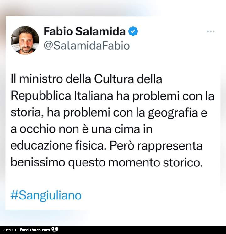 Il ministro della cultura della repubblica italiana ha problemi con la storia, ha problemi con la geografia e a occhio non è una cima in educazione fisica. Però rappresenta benissimo questo momento storico