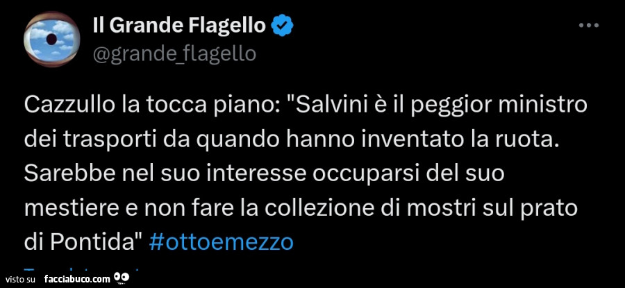 Cazzullo la tocca piano: salvini è il peggior ministro dei trasporti da quando hanno inventato la ruota. Sarebbe nel suo interesse occuparsi del suo mestiere e non fare la collezione di mostri sul prato di pontida