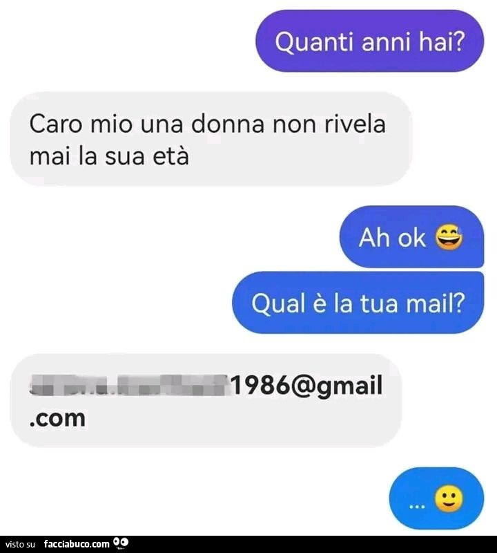 Quanti anni hai? Caro mio una donna non rivela mai la sua età. Ah ok qual è la tua mail?