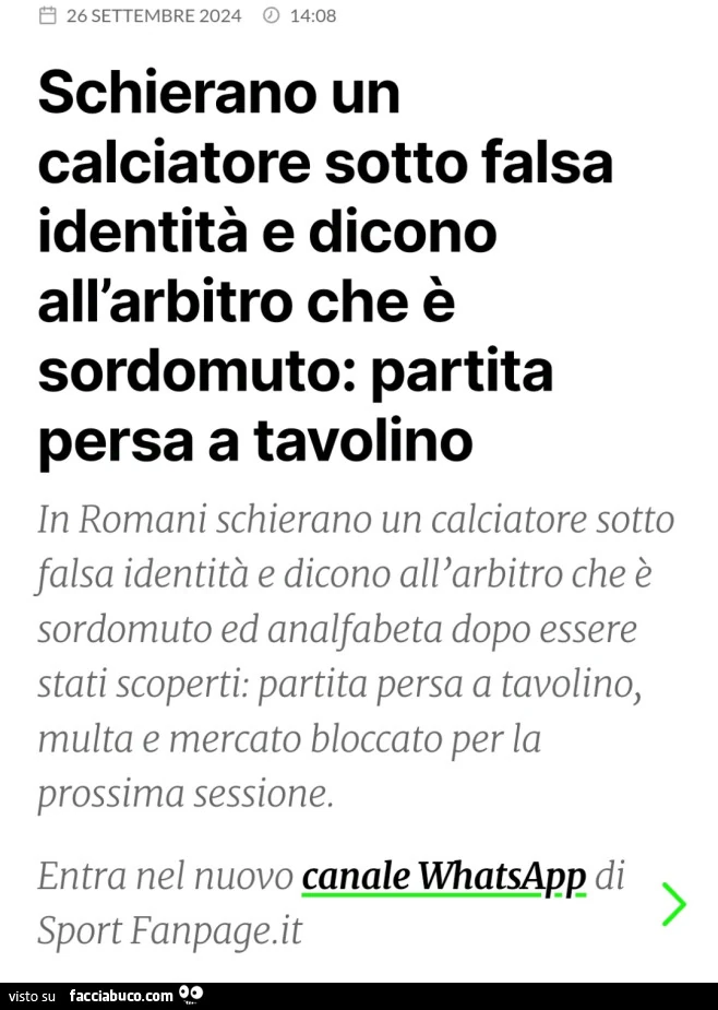 Schierano un calciatore sotto falsa identità e dicono all'arbitro che è sordomuto: partita persa a tavolino