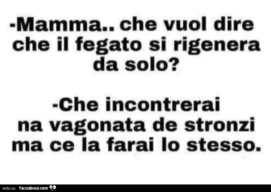 Mamma. Che vuol dire che il fegato si rigenera da solo? Che incontrerai na vagonata de stronzi ma ce la farai lo stesso