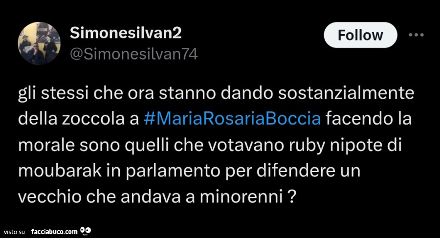 Gli stessi che ora stanno dando sostanzialmente della zoccola a maria rosaria boccia facendo la morale sono quelli che votavano ruby nipote di moubarak in parlamento per difendere un vecchio che andava a minorenni?