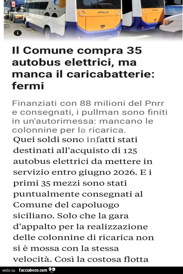 Il comune compra 35 autobus elettrici, ma manca il caricabatterie: fermi