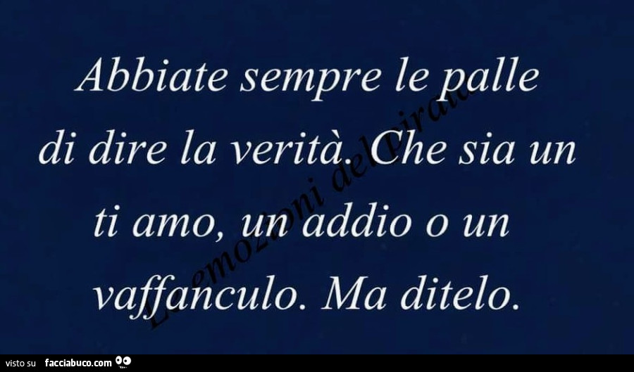 Abbiate sempre le palle di dire la verità. Che sia un ti amo, un addio o un vaffanculo. Ma ditelo