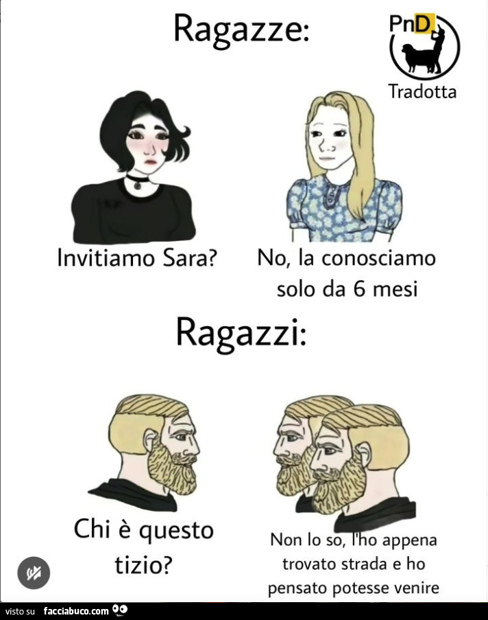 Ragazze: invitiamo sara? No, la conosciamo solo da 6 mesi. Ragazzi: chi è questo tizio? Non lo so, l'ho appena trovato per strada e ho pensato potesse venire