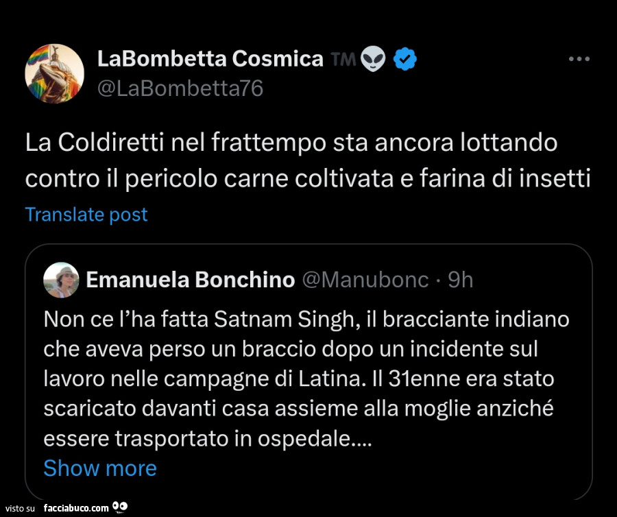 La coldiretti nel frattempo sta ancora lottando contro il pericolo carne coltivata e farina di insetti. Non ce l'ha fatta satnam singh, il bracciante indiano che aveva perso un braccio dopo un incidente sul lavoro nelle campagne di latina