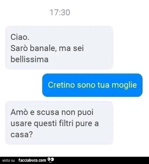 Ciao. Sarò banale, ma sei bellissima. Cretino sono tua moglie. Amò e scusa non puoi usare questi filtri pure a casa?
