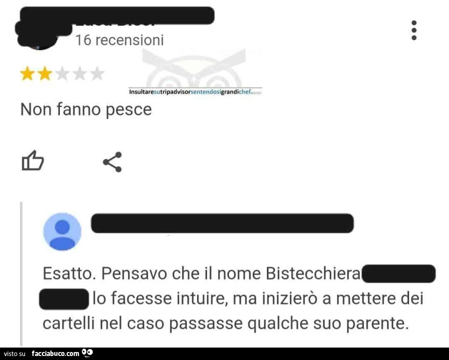 Non fanno pesce. Esatto. Pensavo che il nome bistecchiera lo facesse intuire, ma inizierò a mettere dei cartelli nel caso passasse qualche suo parente