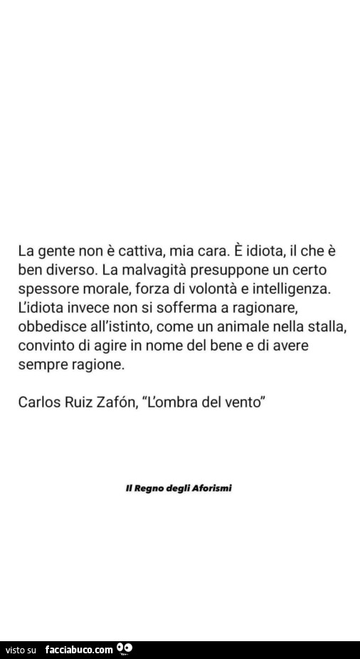 La gente non è cattiva, mia cara. È Idiota, il che è ben diverso. La malvagità presuppone un certo spessore morale, forza di volontà e intelligenza. L'idiota invece non si sofferma a ragionare