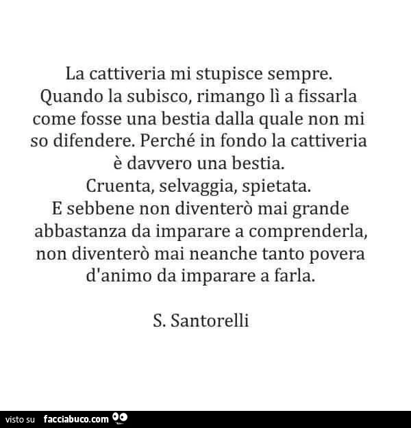 La cattiveria mi stupisce sempre. Quando la subisco, rimango lì a fissarla come fosse una bestia dalla quale non mi so difendere. Perché in fondo la cattiveria è davvero una bestia