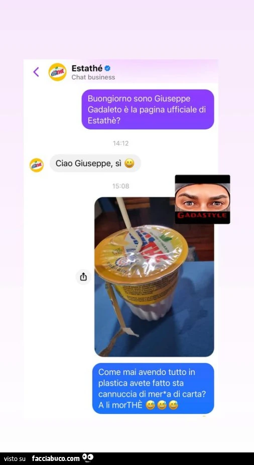 Buongiorno รจ la pagina ufficiale di estathรจ? Ciao giuseppe, si. Come mai avendo tutto in plastica avete fatto sta cannuccia di merda di carta? A li morthรจ