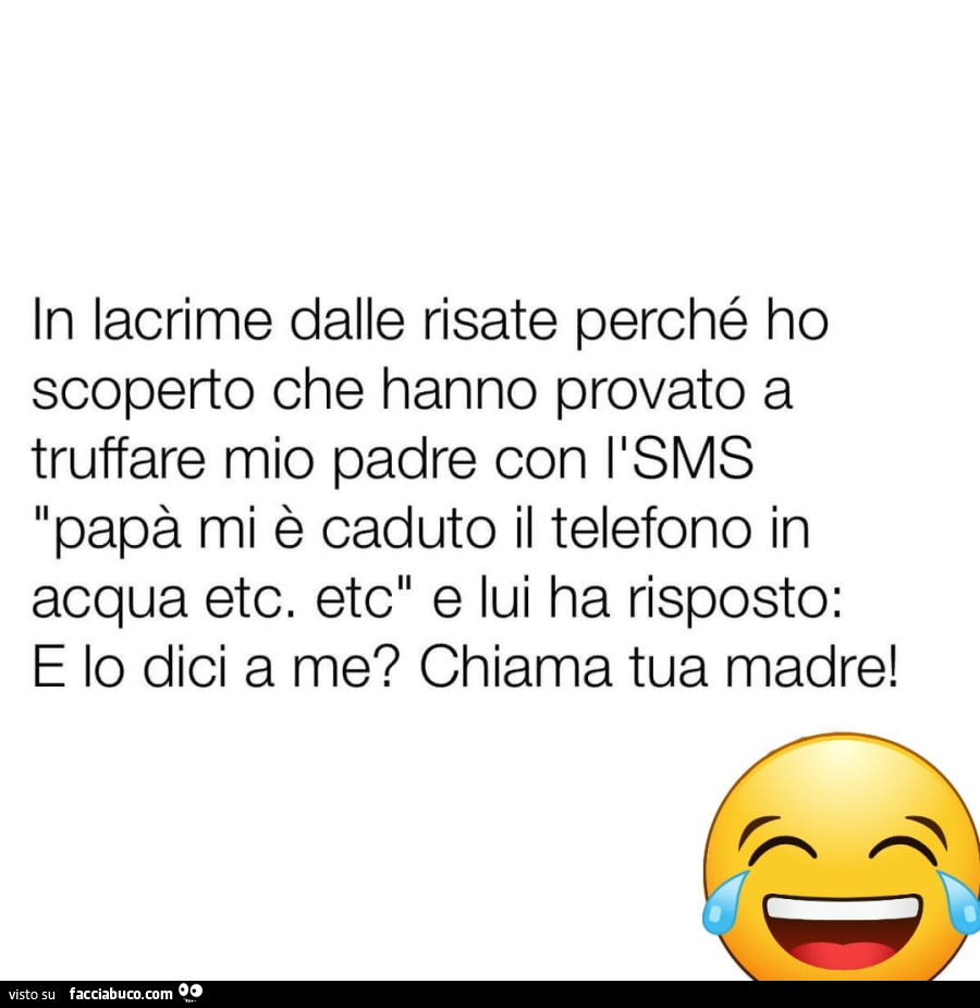 In lacrime dalle risate perché ho scoperto che hanno provato a truffare mio padre con l'sms papà mi è caduto il telefono in acqua etc. Etc e lui ha risposto: e lo dici a me? Chiama tua madre