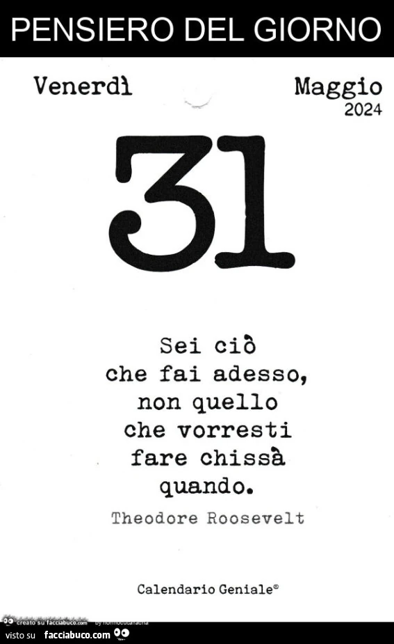 Pensiero del giorno. Sei ciò che fai adesso, non quello che vorresti fare chissà quando. Theodore Roosevelt